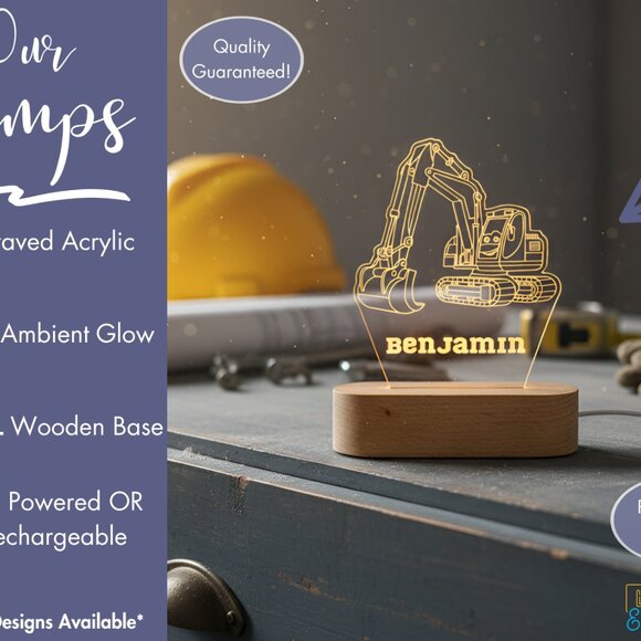 Personalized Excavator Night Light – Custom Toddler Room Lamp - Picture 3 of 8